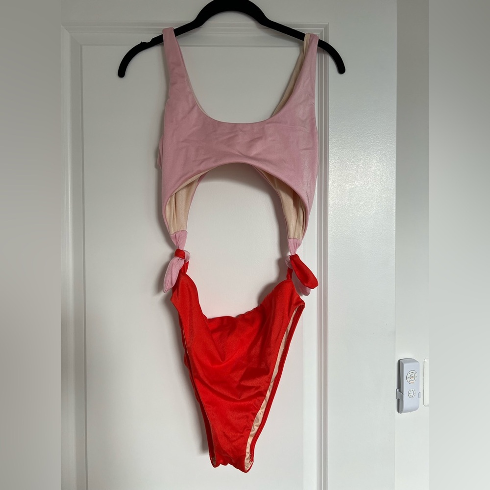 LA Hearts Pink and Orange Coloblock One Piece Cutout with Ties Swimsuit